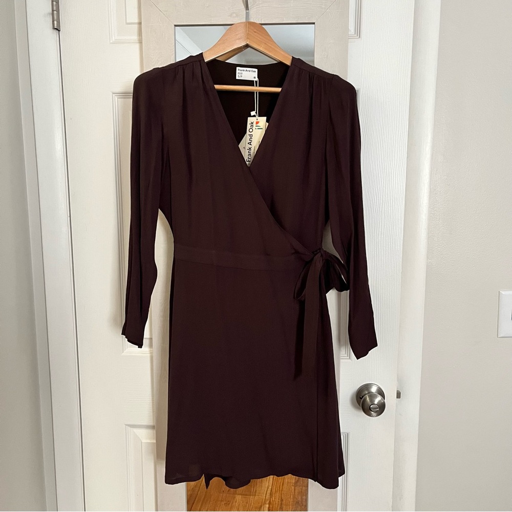 Frank & Oak Long Sleeve Wrap Dress in Brown/Burgundy